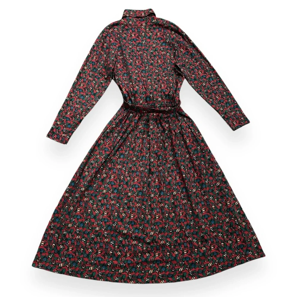 VTG 90s Christmas Theme Dress Turtleneck Elastic Waist Pleated Dress with Belt - Picture 3 of 4